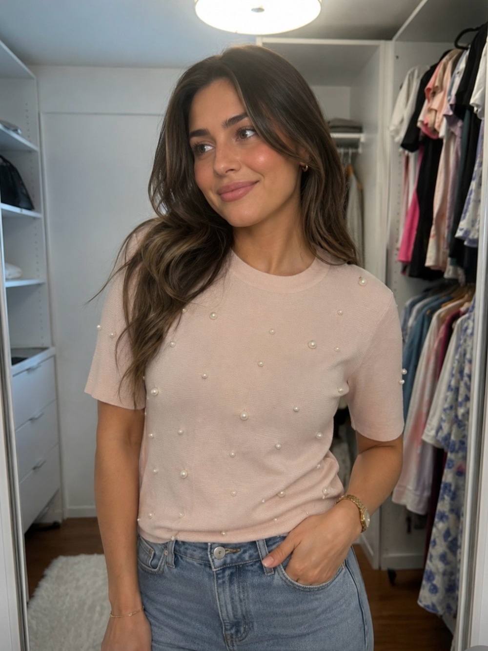 Zara Pearl-Embellished Short Sleeve Top - Blush Pink
